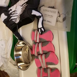 6 pc New size small dog costume booties and bowl all new